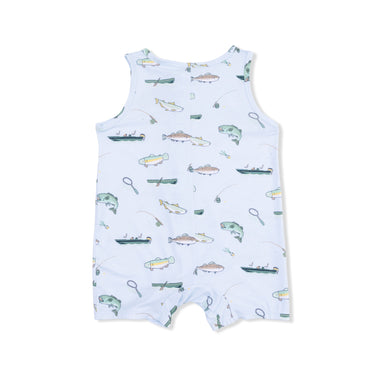 Baby romper with fish and boat pattern on a light blue background