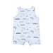 Baby romper with fish and boat pattern on a light blue background