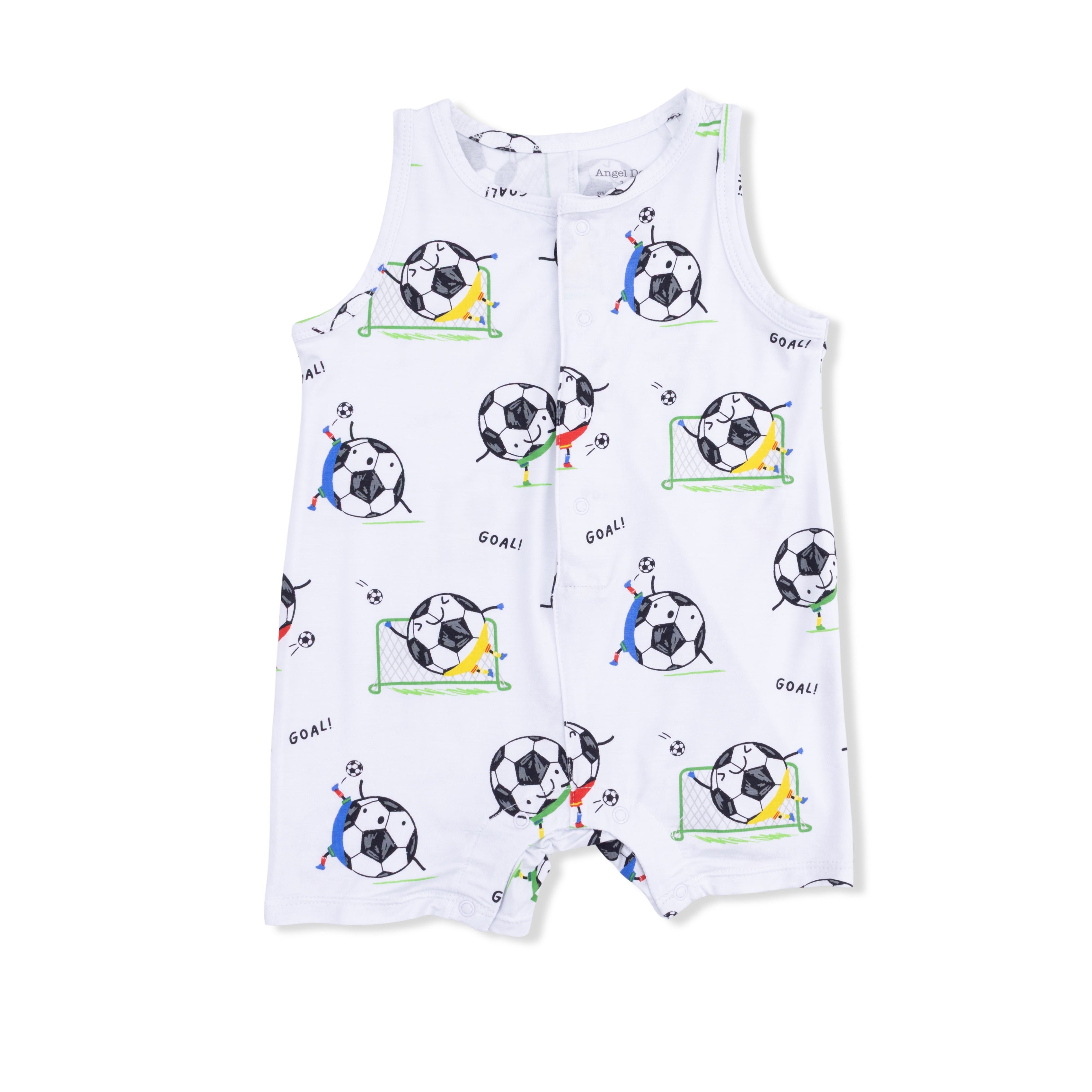 White sleeveless romper with soccer ball print on a white background