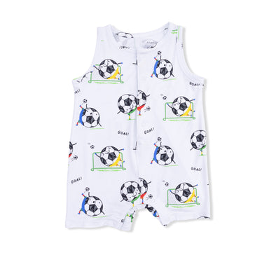 White sleeveless romper with soccer ball print on a white background