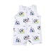 White sleeveless romper with soccer ball print on a white background