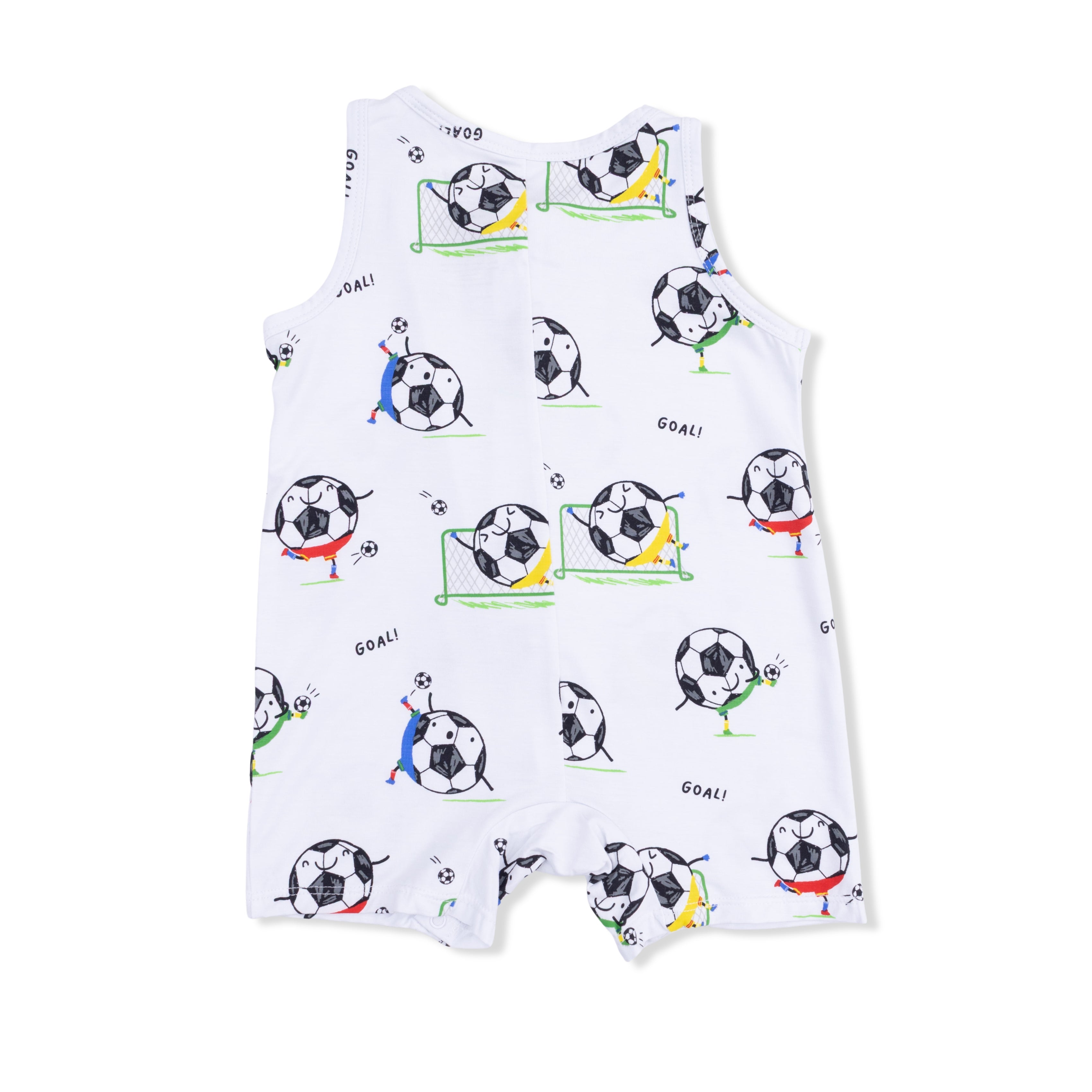 White romper with soccer-themed print on a white background