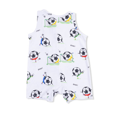 White romper with soccer-themed print on a white background