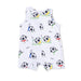 White romper with soccer-themed print on a white background