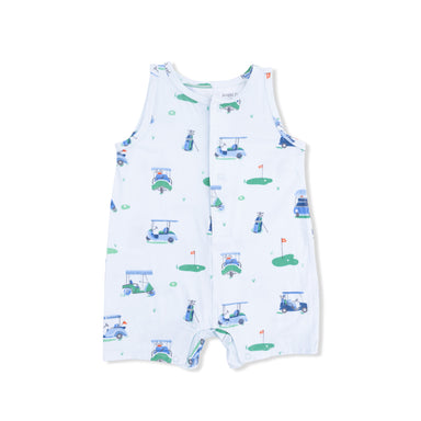 Baby romper with golf-themed print on a white background