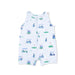 Baby romper with golf-themed print on a white background
