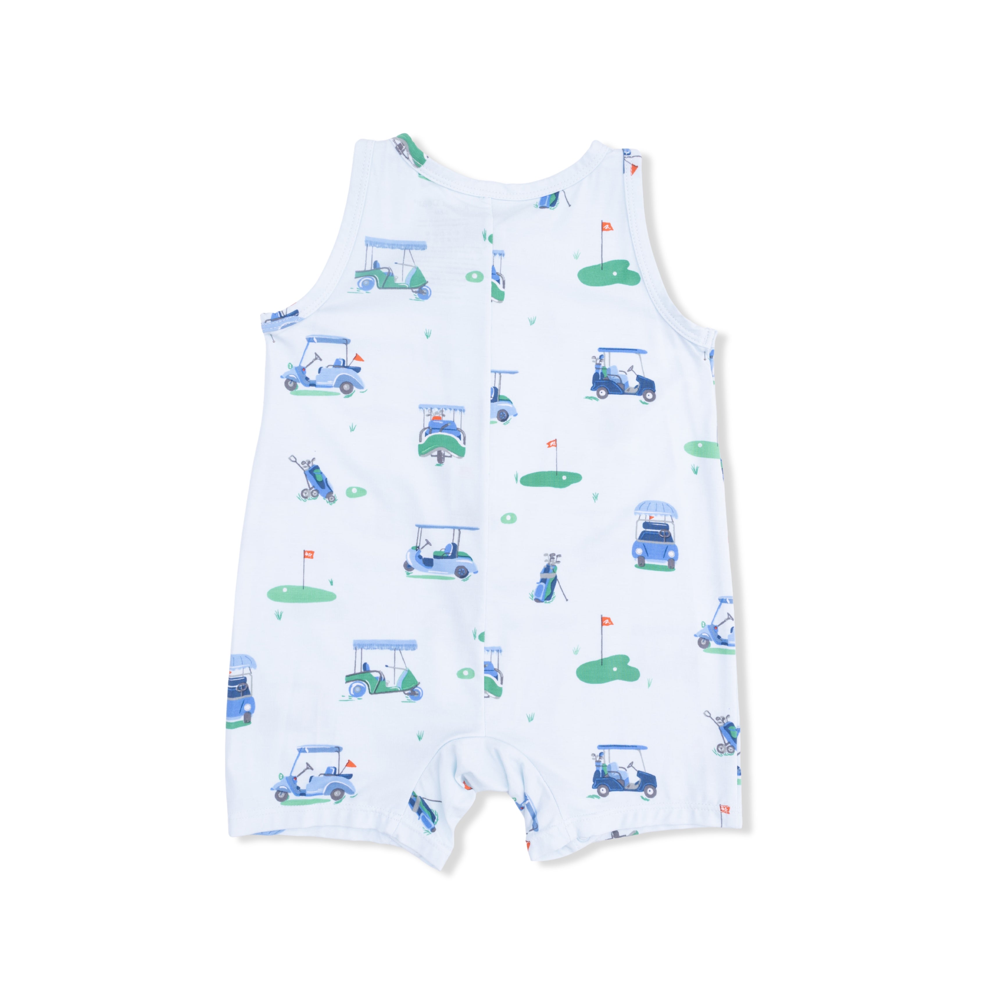 Baby romper with golf-themed print on a white background