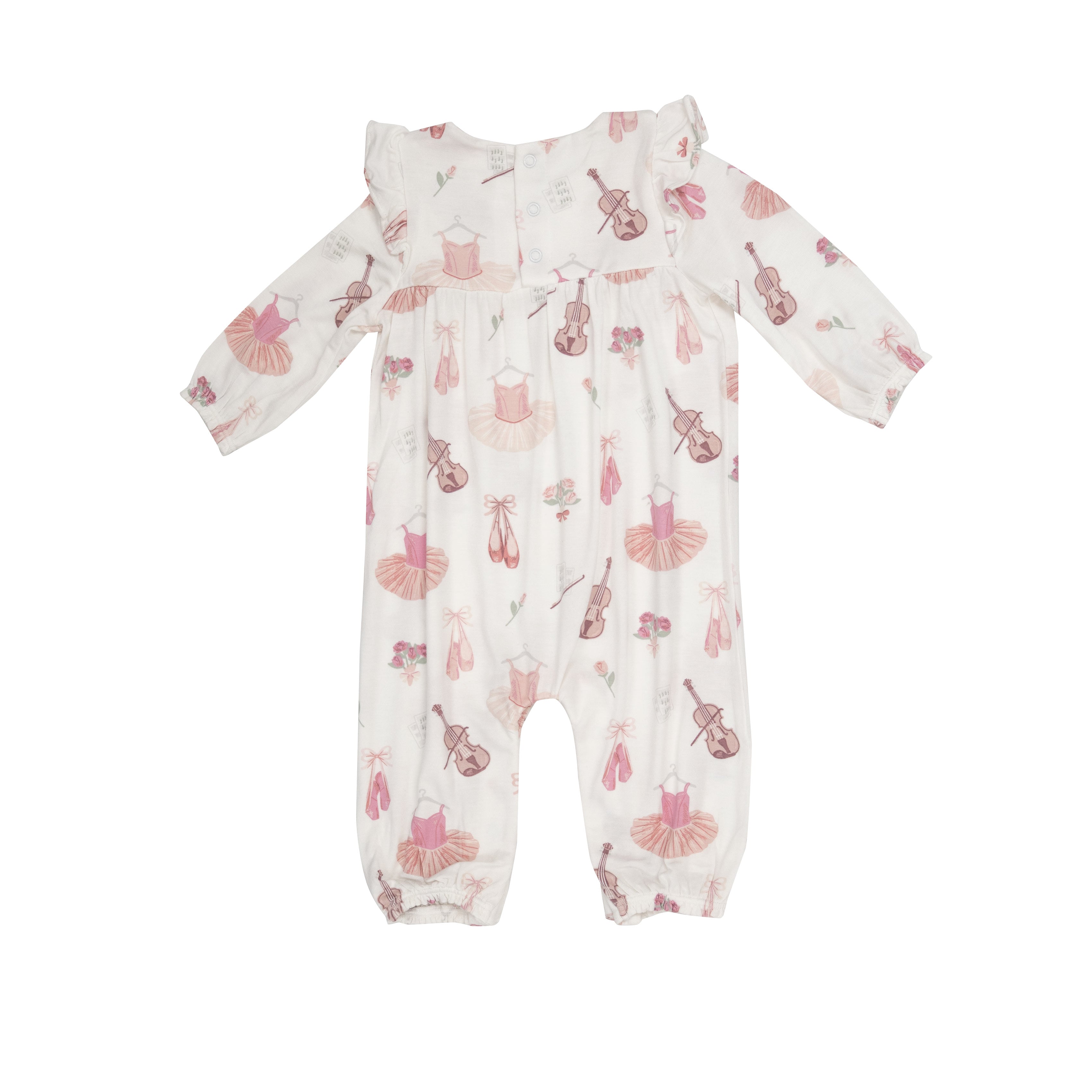 white ruffle sleeve romper with pink ballet print, violin and ballet slippers
