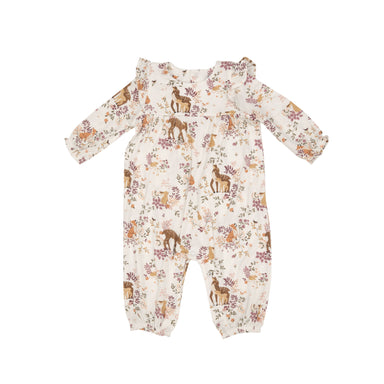 white romper with ruffle at the sleeve with floral and woodland animal print