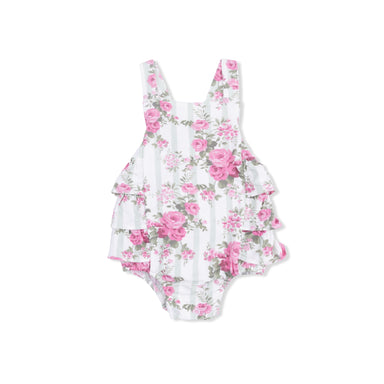 Floral sunsuit with pink flowers on a white background