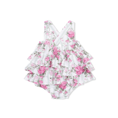 Floral ruffled sunsuit on a white background