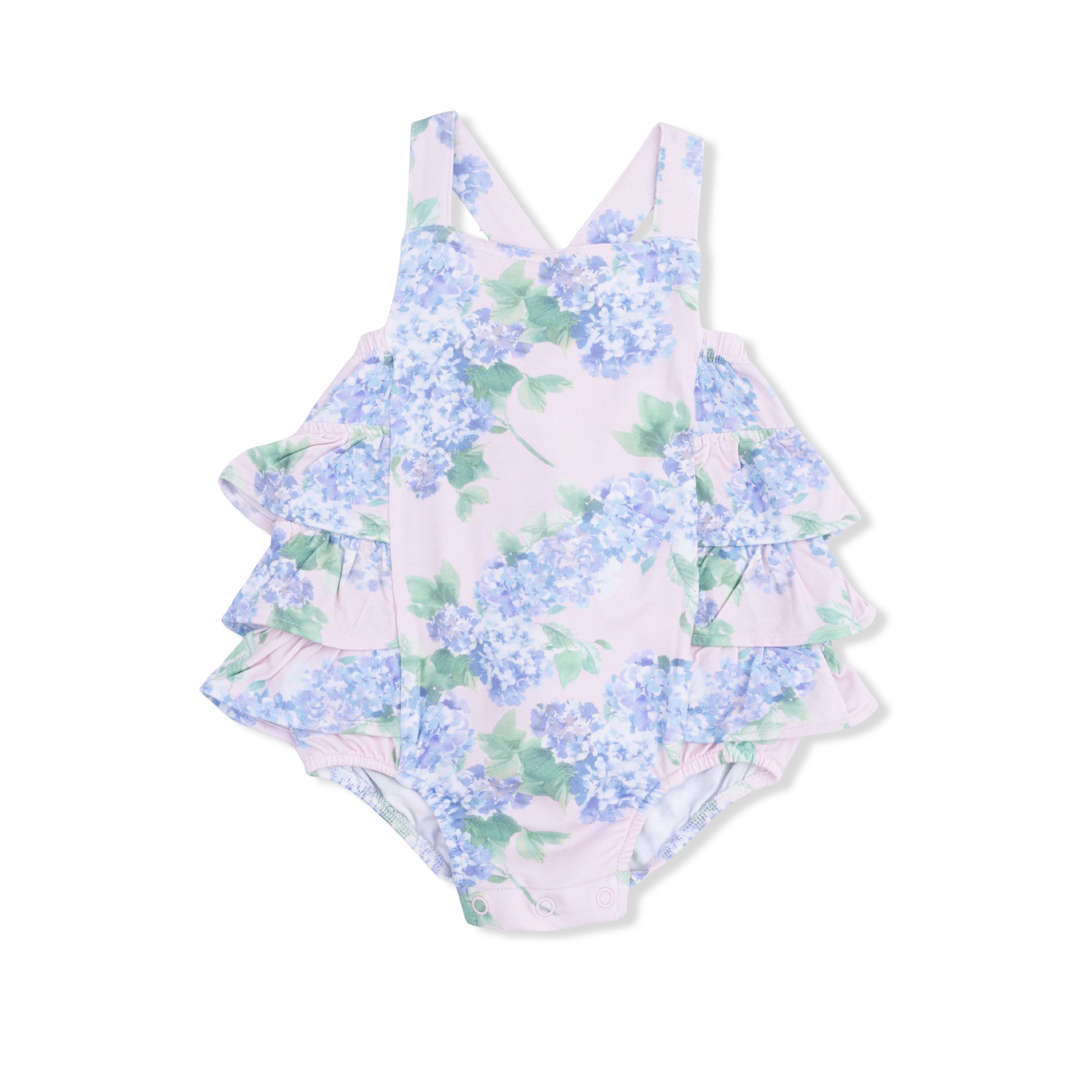 Hydrangeas one-piece sunsuit with ruffled layers on a white background