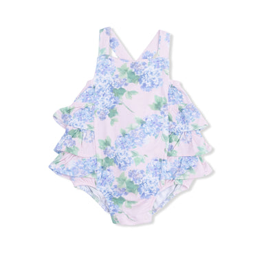 Hydrangeas one-piece sunsuit with ruffled layers on a white background