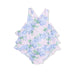 Hydrangeas one-piece sunsuit with ruffled layers on a white background