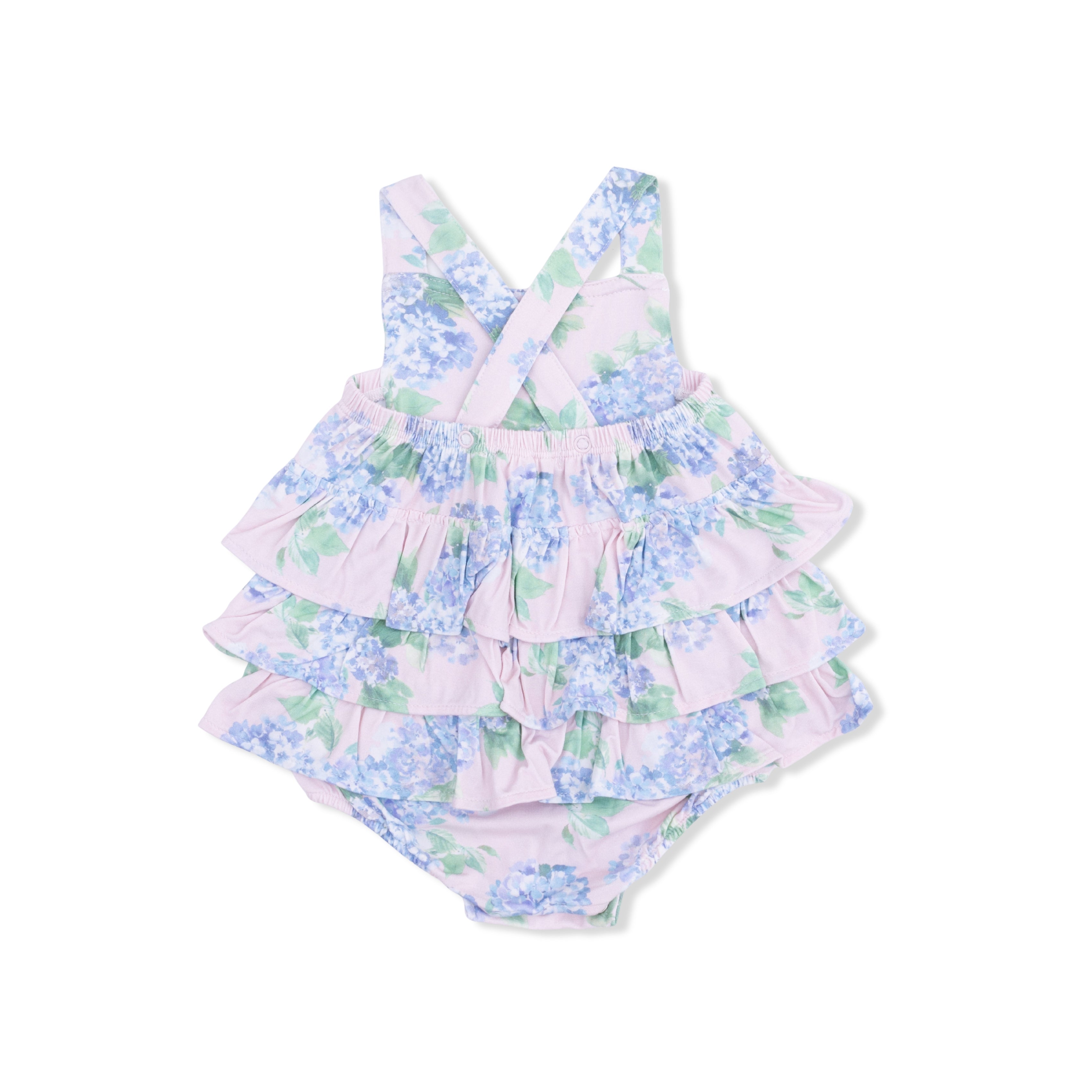 Hydrangeas baby romper with ruffled layers on a white background
