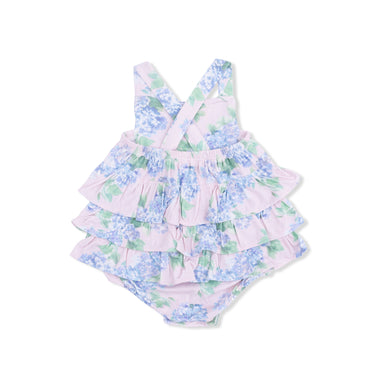 Hydrangeas baby romper with ruffled layers on a white background