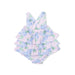 Hydrangeas baby romper with ruffled layers on a white background
