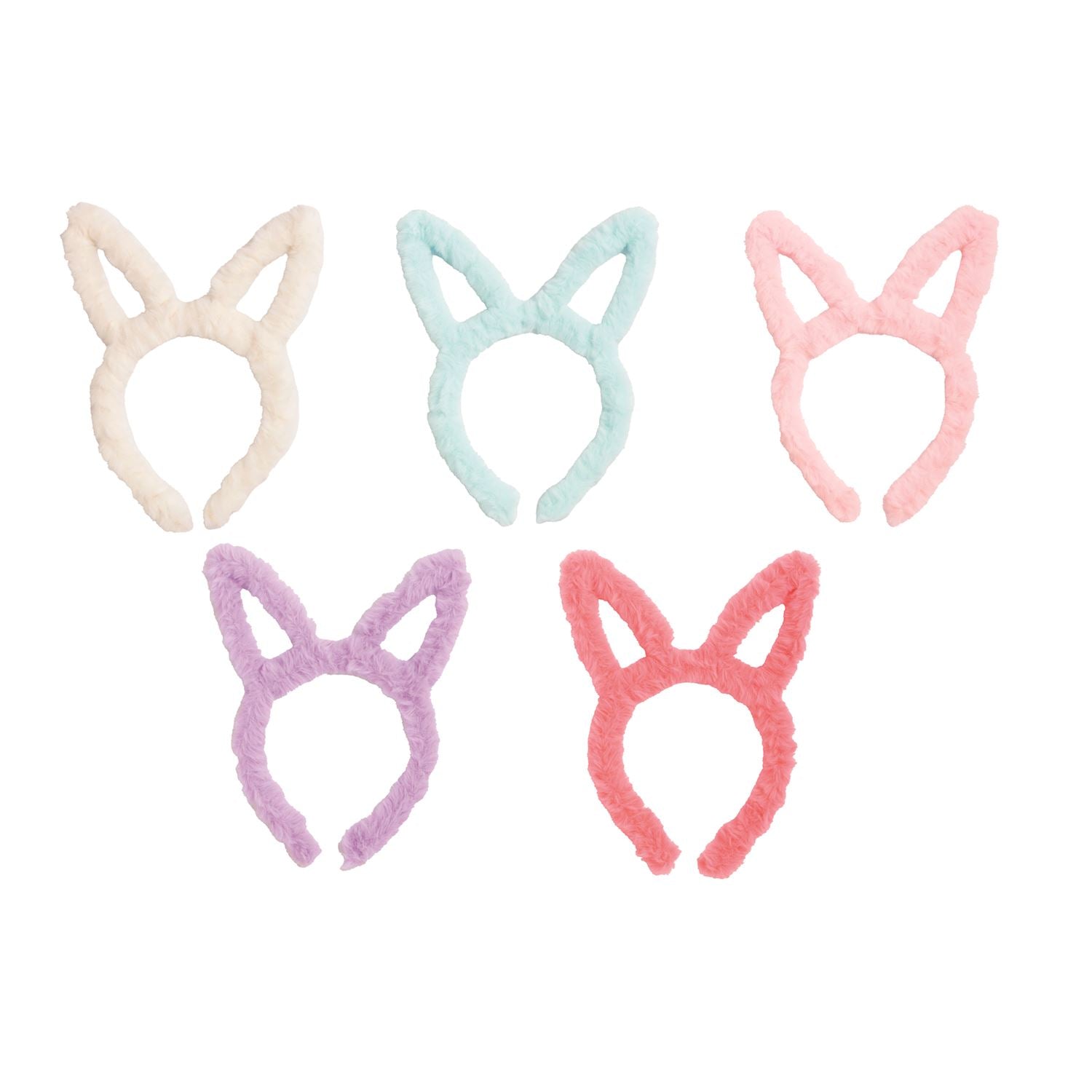 Set of five pastel-colored bunny ear headbands on a white background
