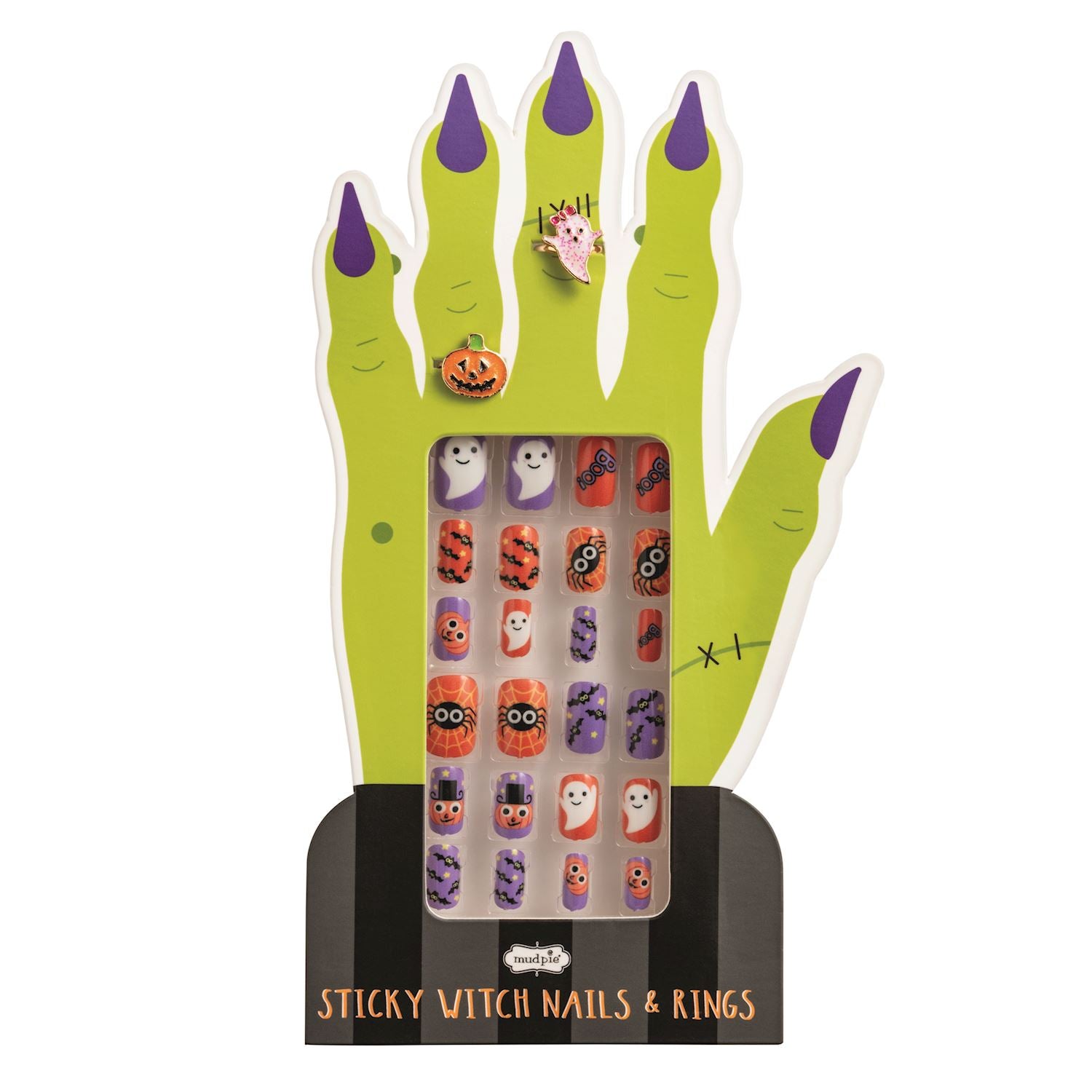 Halloween-themed nail art set in a green hand-shaped display with colorful nails and rings.