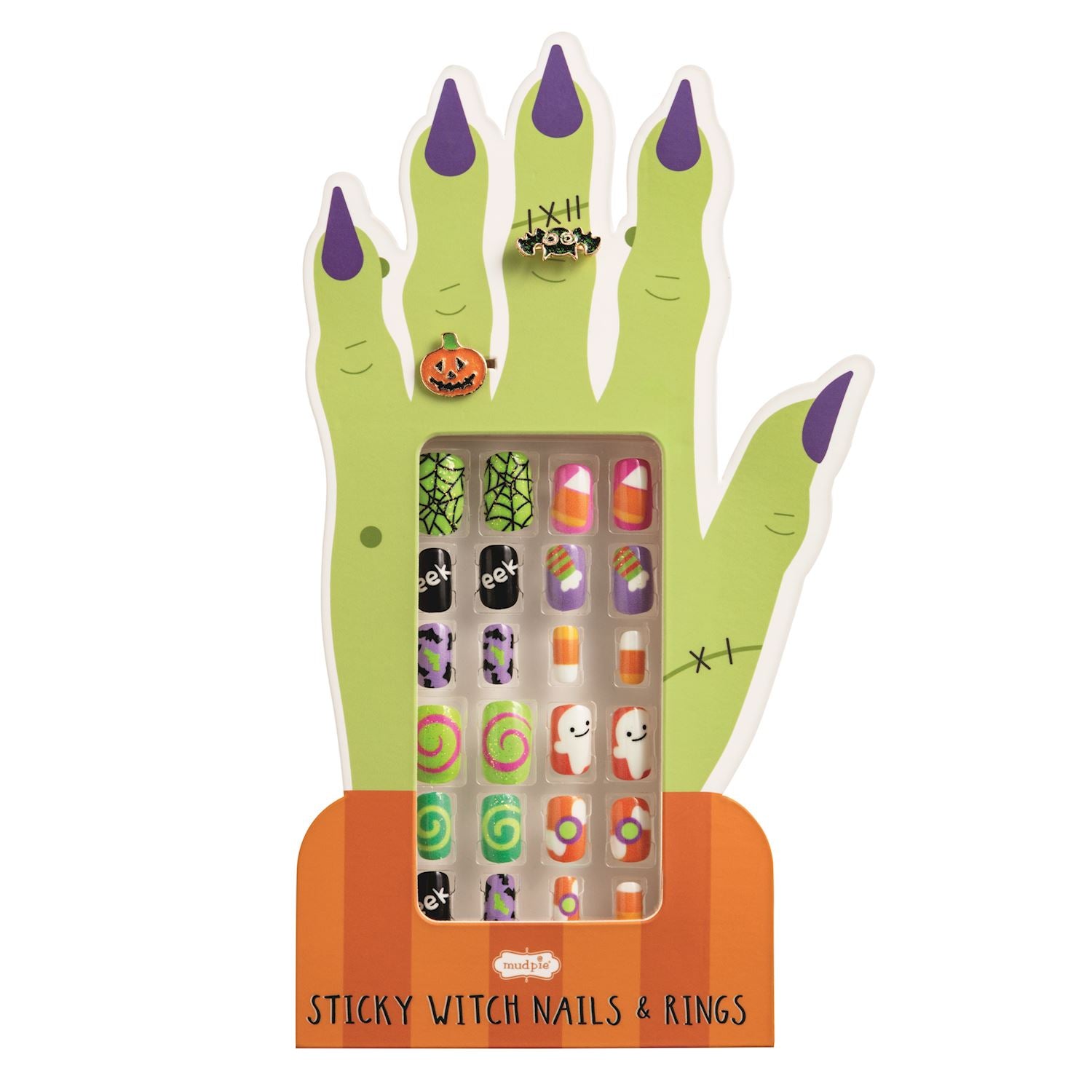 Halloween-themed nail art set with green hand design and colorful nails on a white background