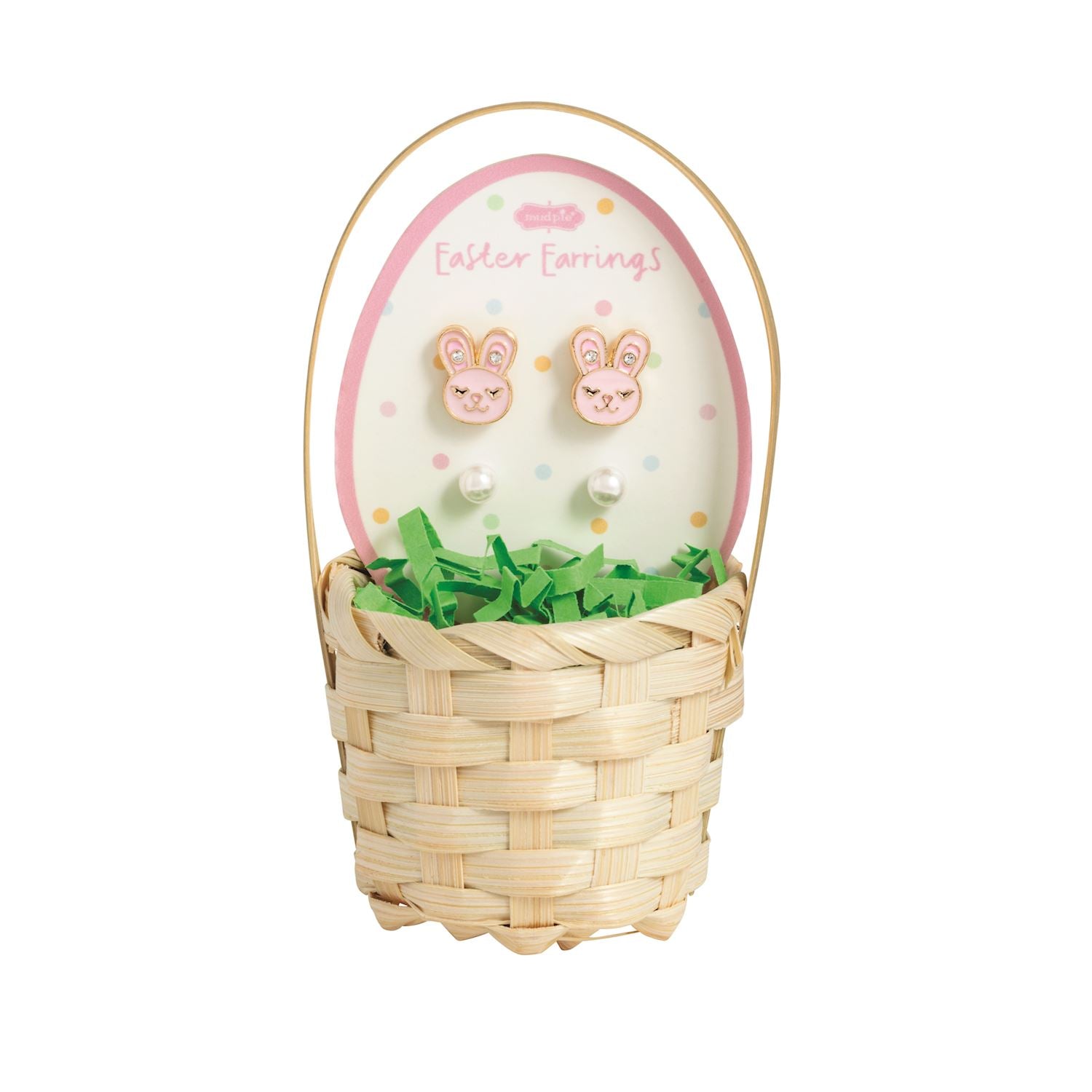 Easter-themed basket with bunny earrings and a card on a white background