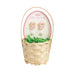 Easter-themed basket with bunny earrings and a card on a white background