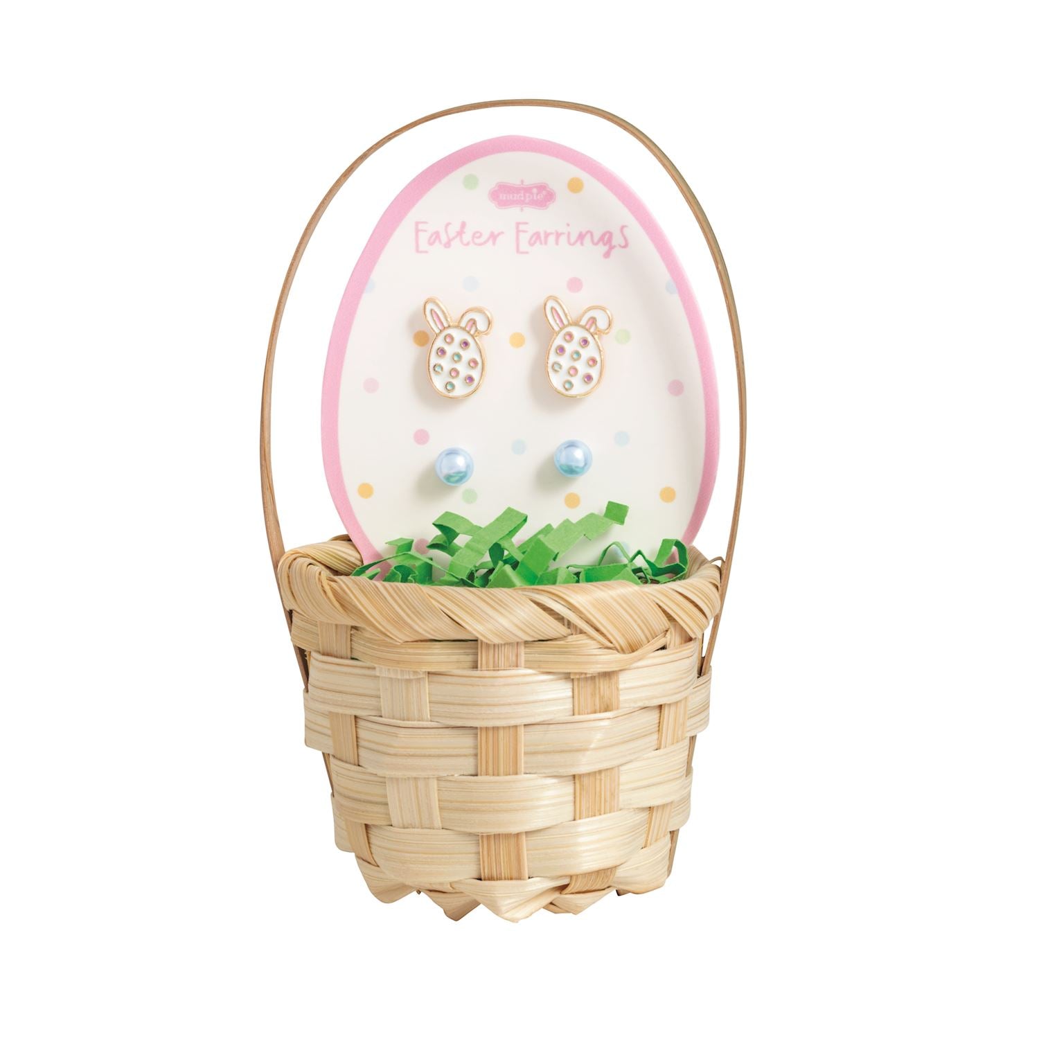 Easter-themed earring set in a decorative basket on a white background