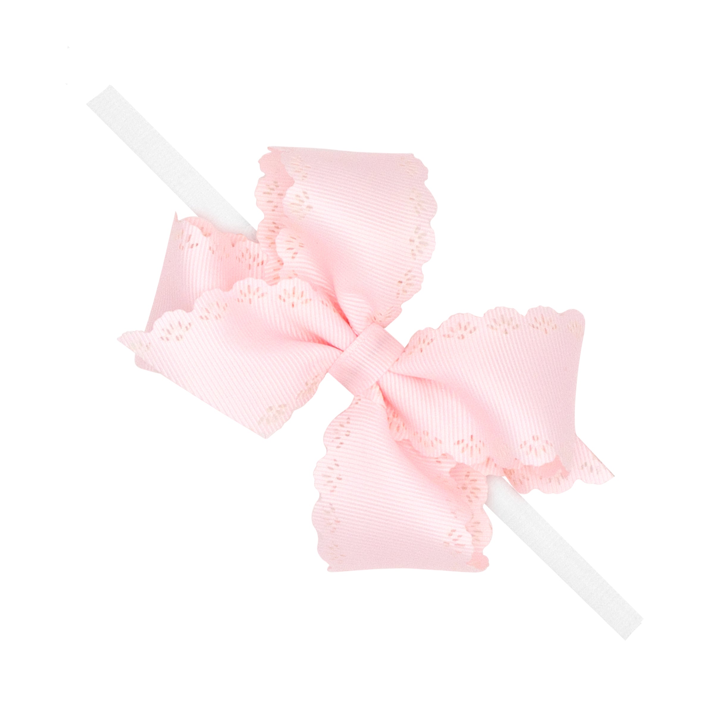 Light Pink Grosgrain Hair Bow with Embossed Eyelet Edge on White Nylon Band