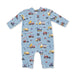 Baby onesie with construction vehicle pattern on a white background