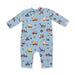 Children's onesie with construction vehicle pattern on a light blue background
