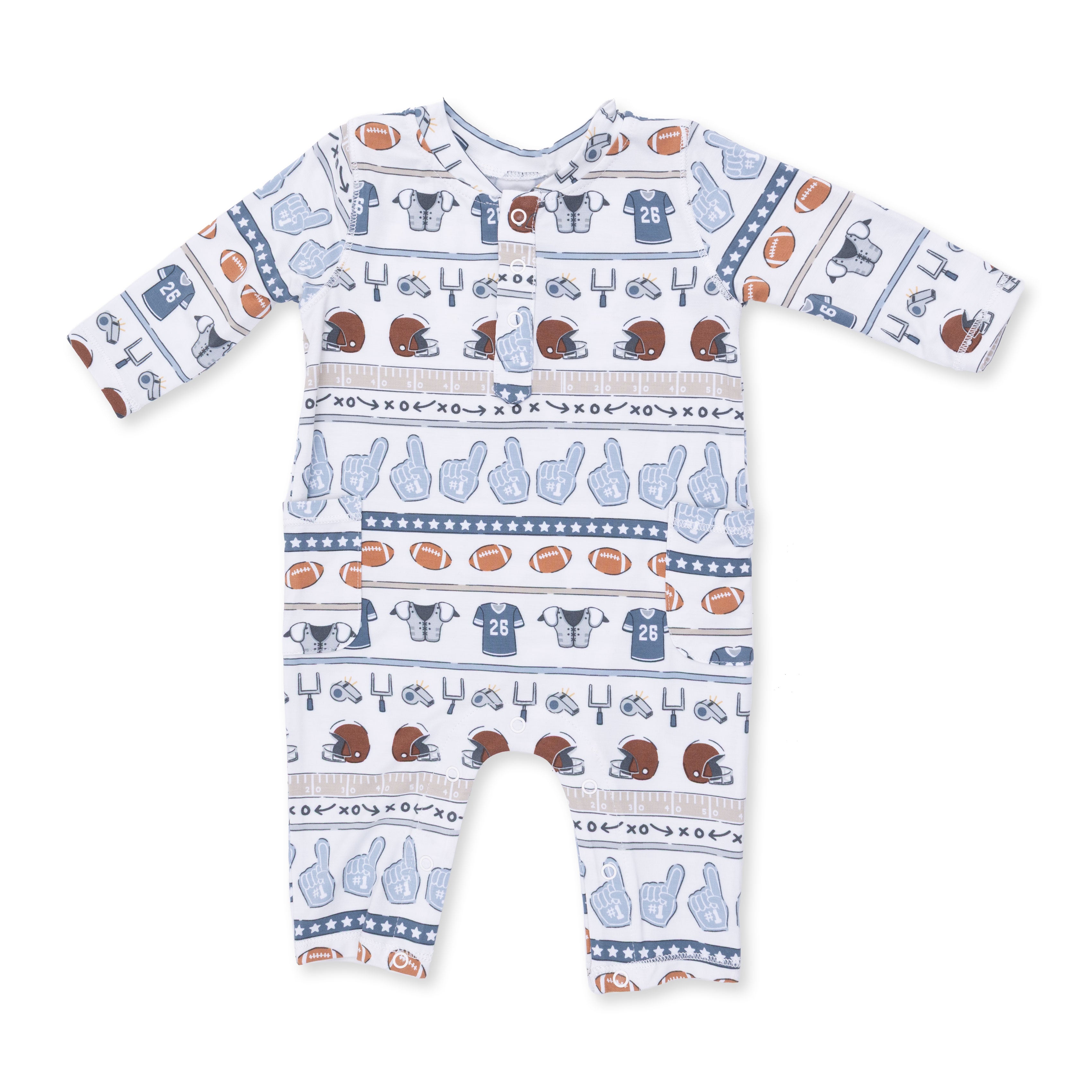 Baby onesie with football-themed pattern on a white background