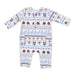 Baby onesie with football-themed pattern on a white background