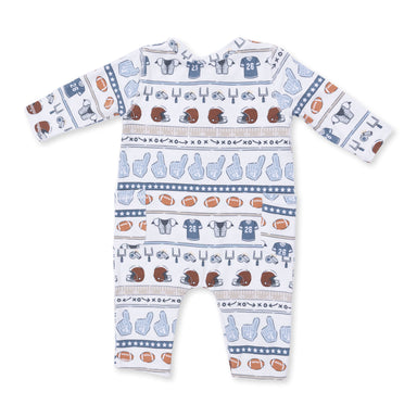 Baby onesie with football-themed pattern on a white background
