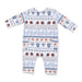 Baby onesie with football-themed pattern on a white background