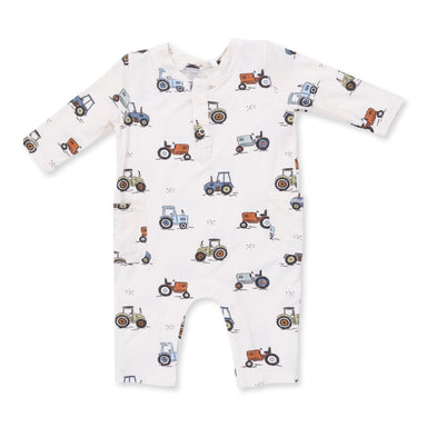 Baby onesie with tractor pattern on a white background