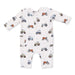 Baby onesie with tractor pattern on a white background