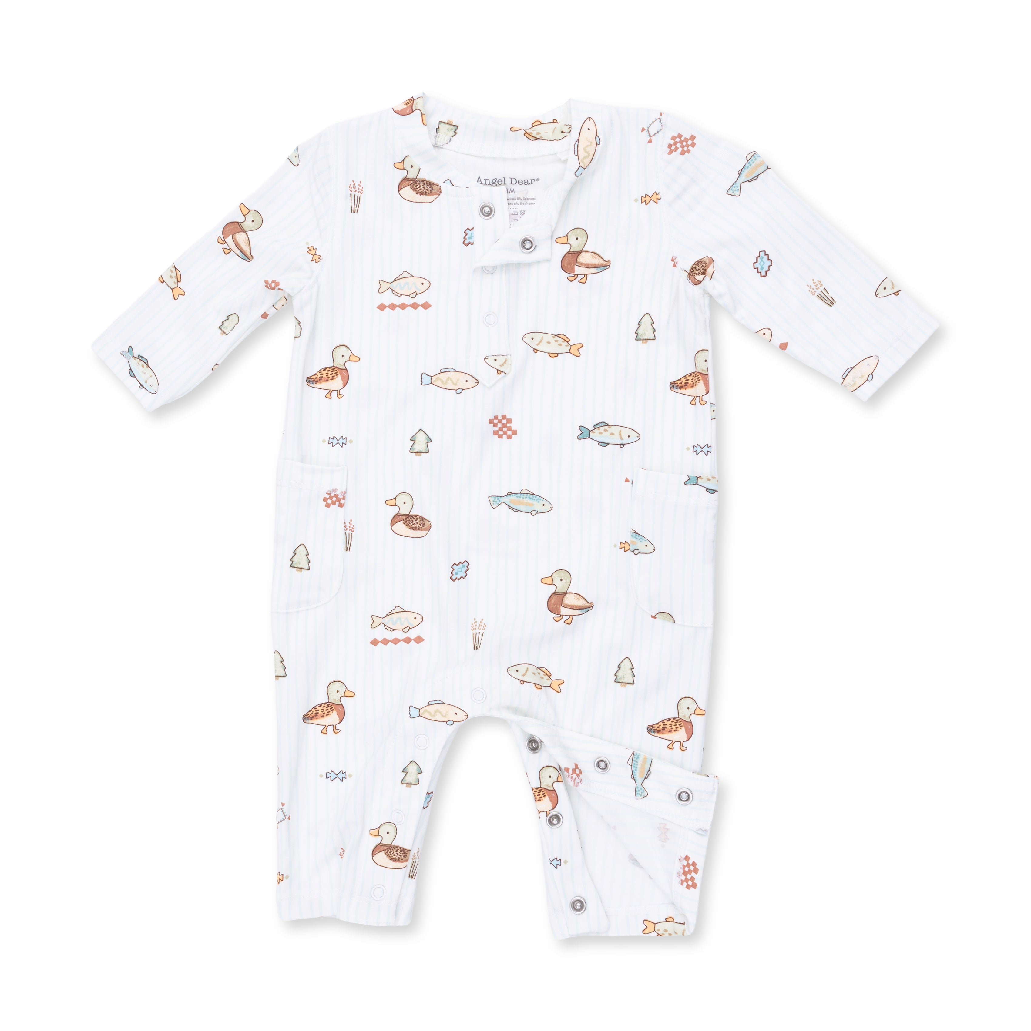 Baby onesie with duck and fish pattern on a white background