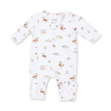 Baby onesie with duck and fish pattern on a white background