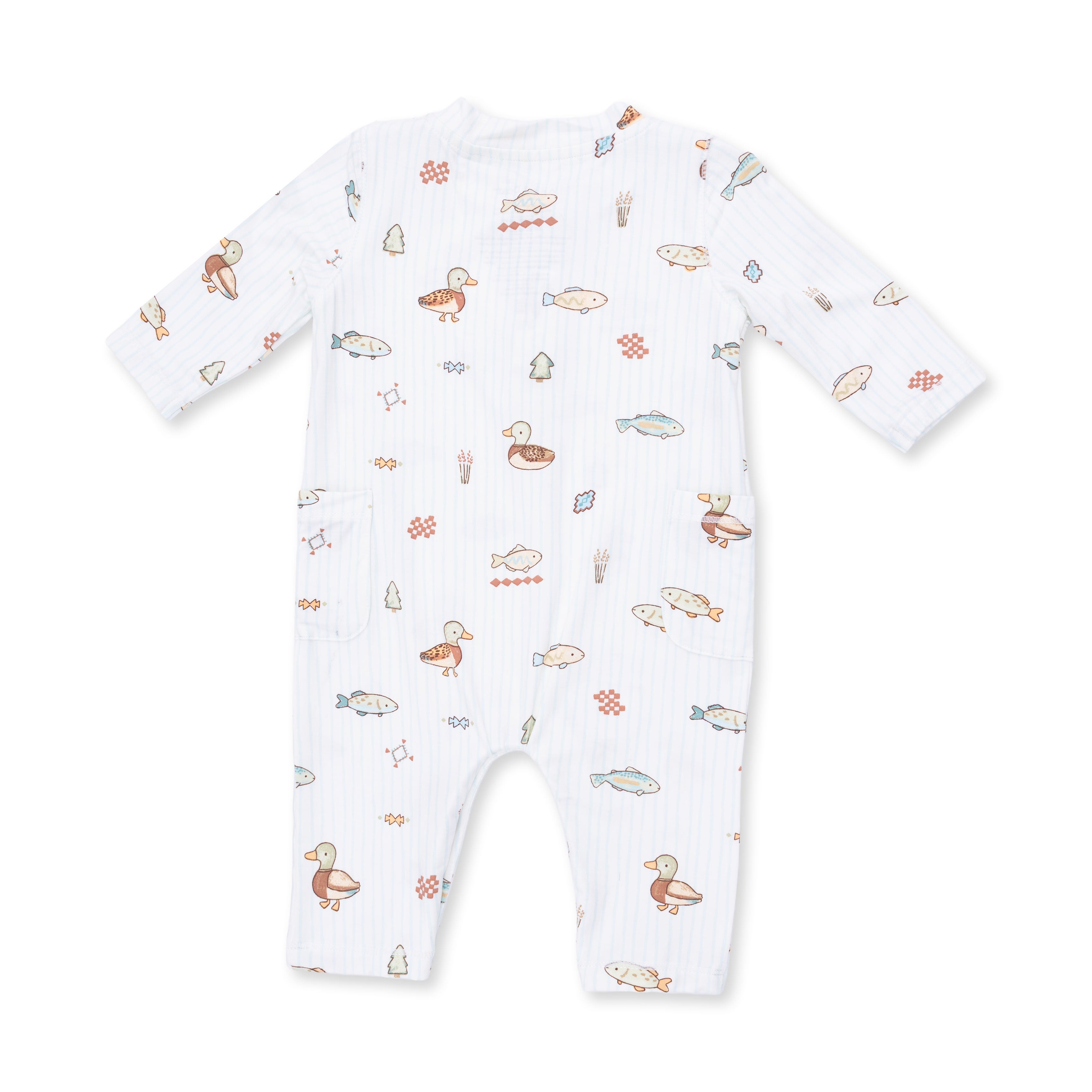 Baby onesie with duck and fish pattern on a white background