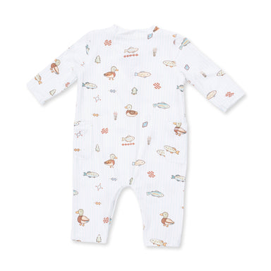 Baby onesie with duck and fish pattern on a white background