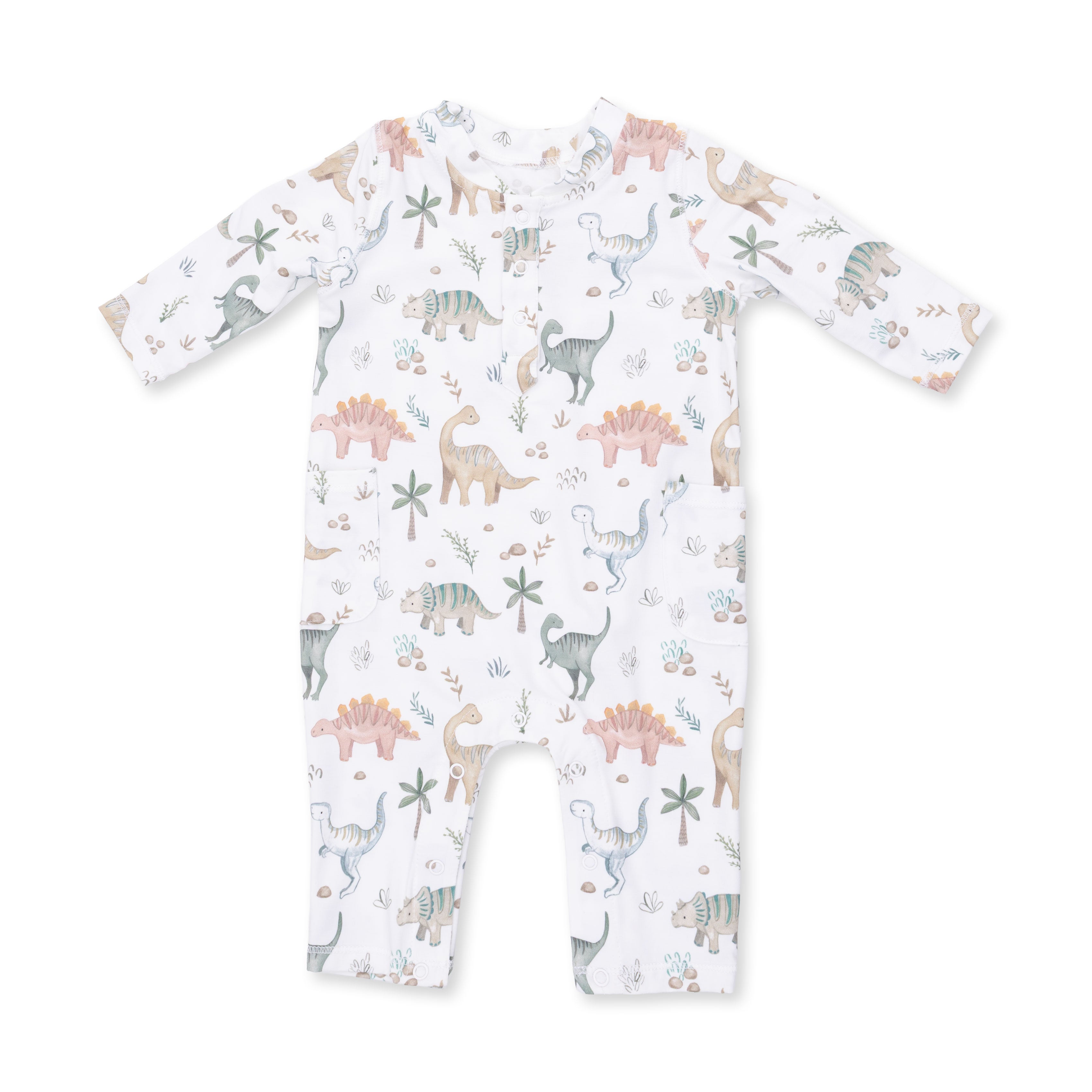 Baby onesie with dinosaur pattern on a white background