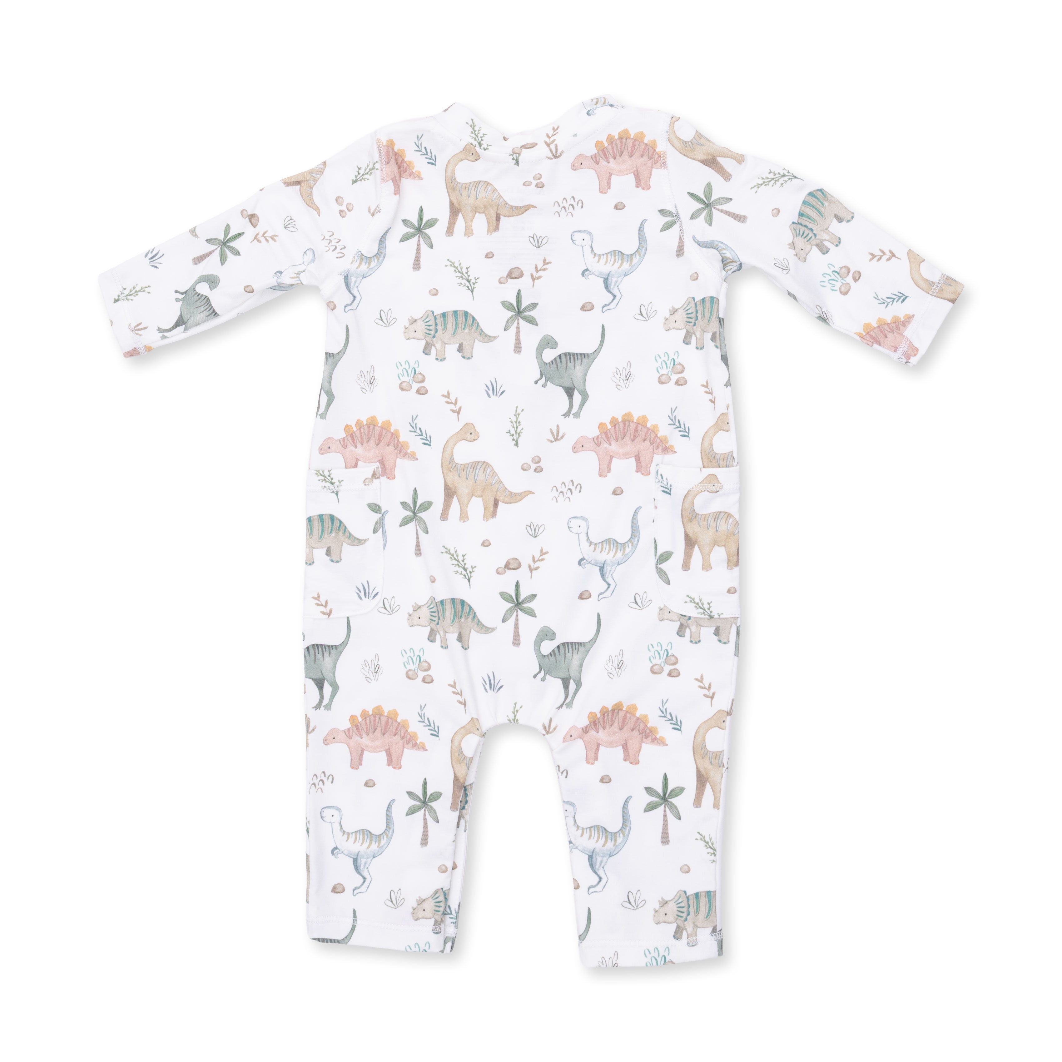 Baby onesie with dinosaur pattern on a white background