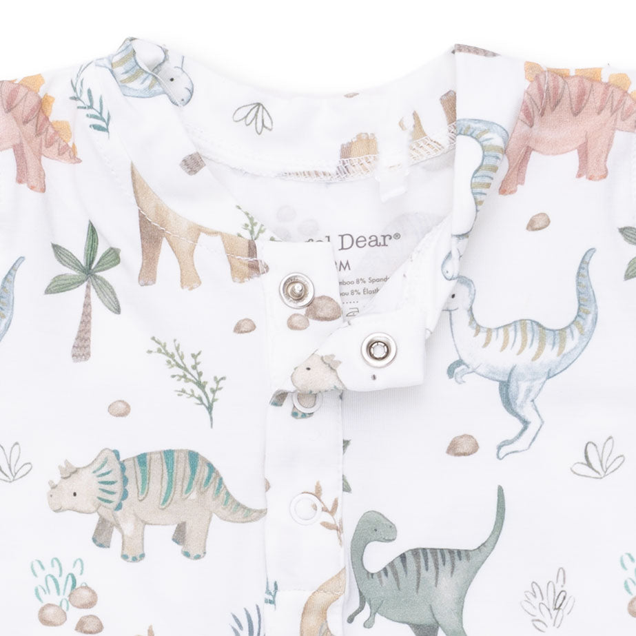 Baby romper with dinosaur pattern on a white background