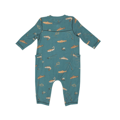back of teal long sleeve romper with pockets and 3 snaps with brown trout print