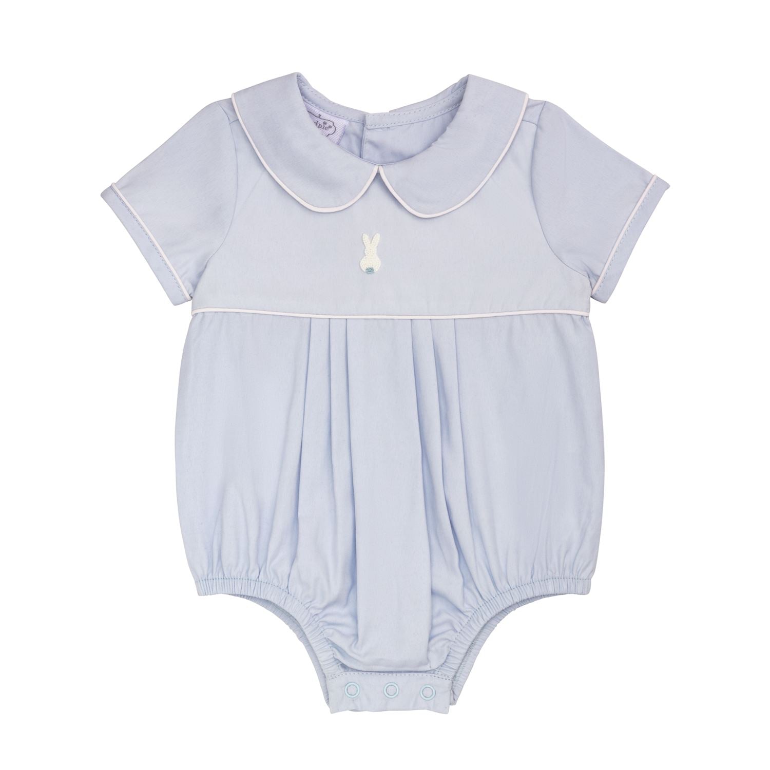 Light blue baby romper with a collar on a white background