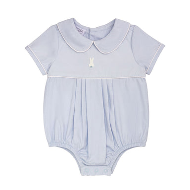 Light blue baby romper with a collar on a white background