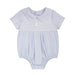 Light blue baby romper with a collar on a white background