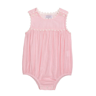 Pink checkered baby romper with lace details on a white background