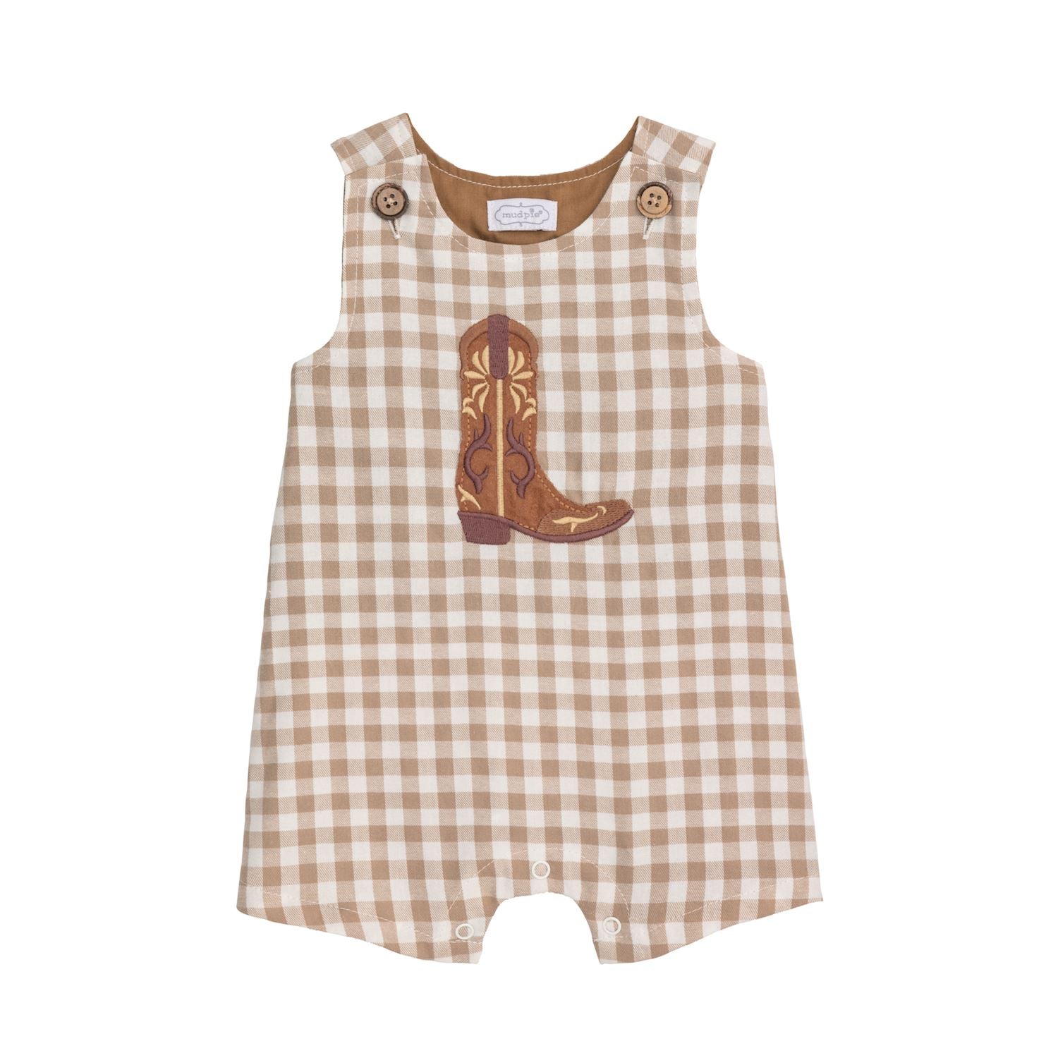 Brown checkered romper with cowboy boot design on a white background