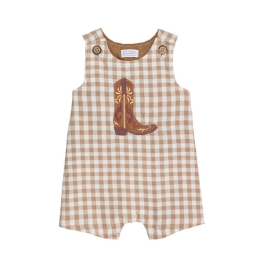 Brown checkered romper with cowboy boot design on a white background